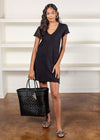 Bobi Short Sleeve V Neck Center Seam T-shirt Dress - Black-***FINAL SALE***-Hand In Pocket