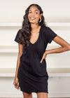 Bobi Short Sleeve V Neck Center Seam T-shirt Dress - Black-***FINAL SALE***-Hand In Pocket