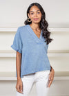 Elan Break Gauze Top-Denim-Hand In Pocket