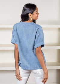 Elan Break Gauze Top-Denim-Hand In Pocket