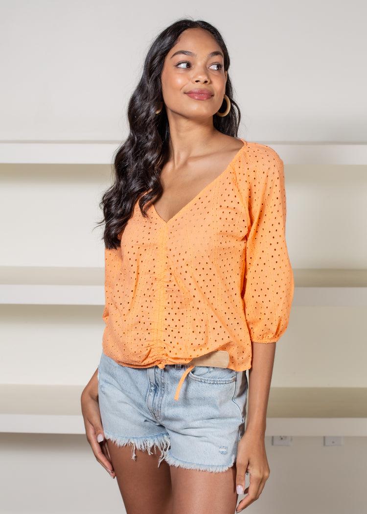 Sanctuary Carrie Eyelet Drawstring Blouse - Washed Melon-***FINAL SALE***-Hand In Pocket