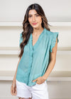 Elan Bequia Ruffle Detailed Top- Aloe-Hand In Pocket