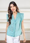 Elan Bequia Ruffle Detailed Top- Aloe-Hand In Pocket