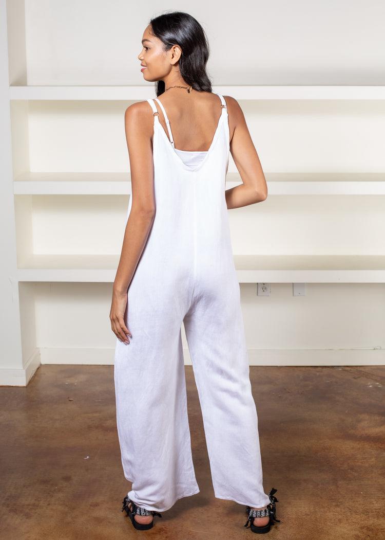 Elan Cabrillo Linen Jumpsuit- White-Hand In Pocket