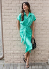 Abaco Short Sleeve Ruched Tie Waist Dress - Biscay Green-***FINAL SALE***-Hand In Pocket