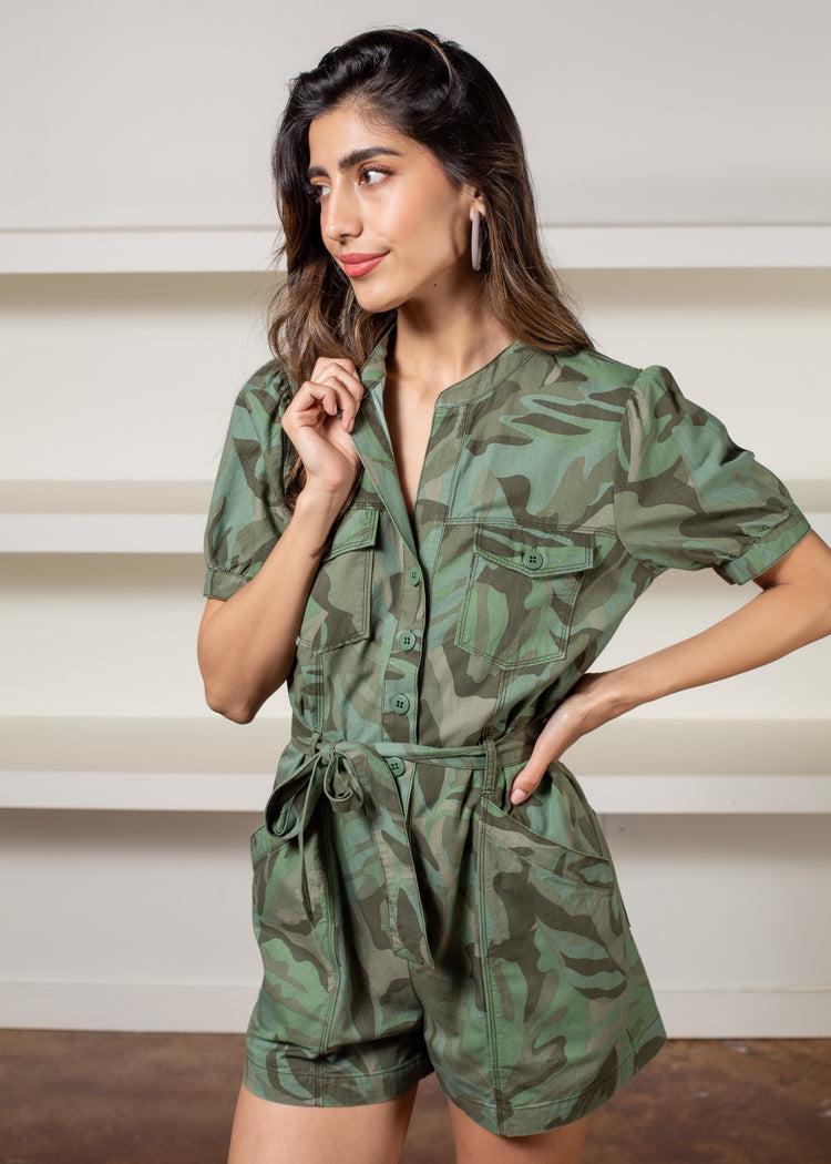 Sanctuary Risk Taker Romper- Palm Camo-Hand In Pocket