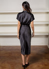 Abaco Short Sleeve Ruched Tie Waist Dress - Black-***FINAL SALE***-Hand In Pocket