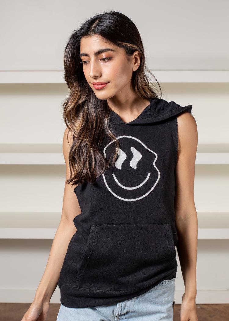 Chaser Smiley Daze Kanga Sleeveless Hoodie-Hand In Pocket