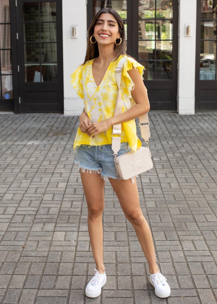 Stark X Ruffle Sleeve V-Neck Gauzy Blouse - Yellow Tie Dye-Hand In Pocket