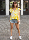 Stark X Ruffle Sleeve V-Neck Gauzy Blouse - Yellow Tie Dye-Hand In Pocket