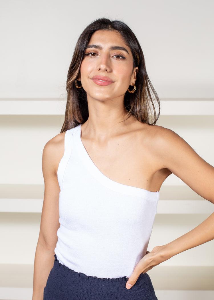 Michael Stars Kelly Shine One-Shoulder Top- White-Hand In Pocket