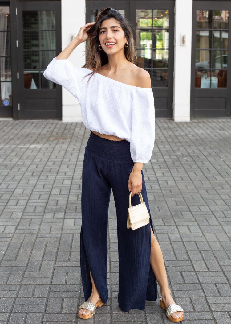 Stark X Cotton Side Slit Pant- Navy-Hand In Pocket