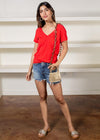 Bobi Double V-Neck Tee- Lipstick ***FINAL SALE***-Hand In Pocket