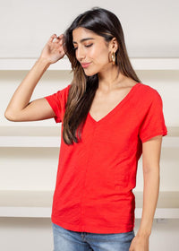 Bobi Double V-Neck Tee- Lipstick ***FINAL SALE***-Hand In Pocket