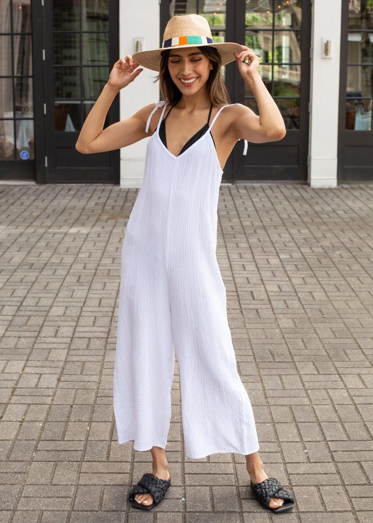 Bobi Tie Shoulder Wide Jumpsuit Coverup-White-***FINAL SALE***-Hand In Pocket