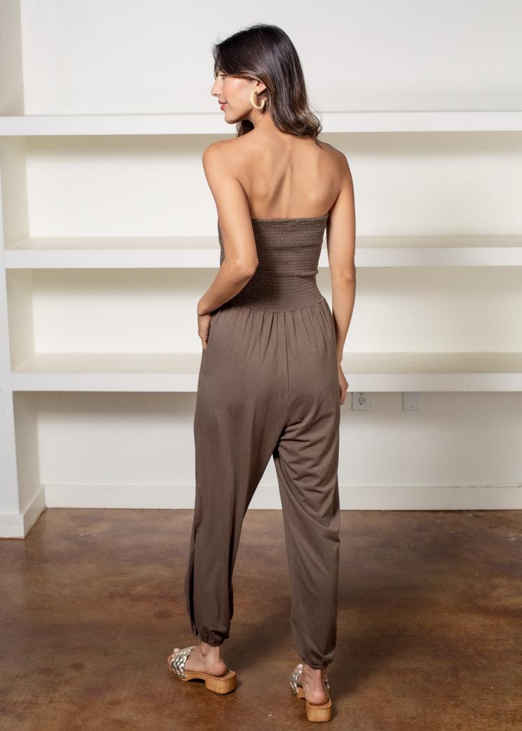 Bobi Strapless Slit Leg Smocked Jumpsuit- Olive-Hand In Pocket