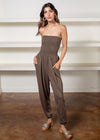 Bobi Strapless Slit Leg Smocked Jumpsuit- Olive-Hand In Pocket