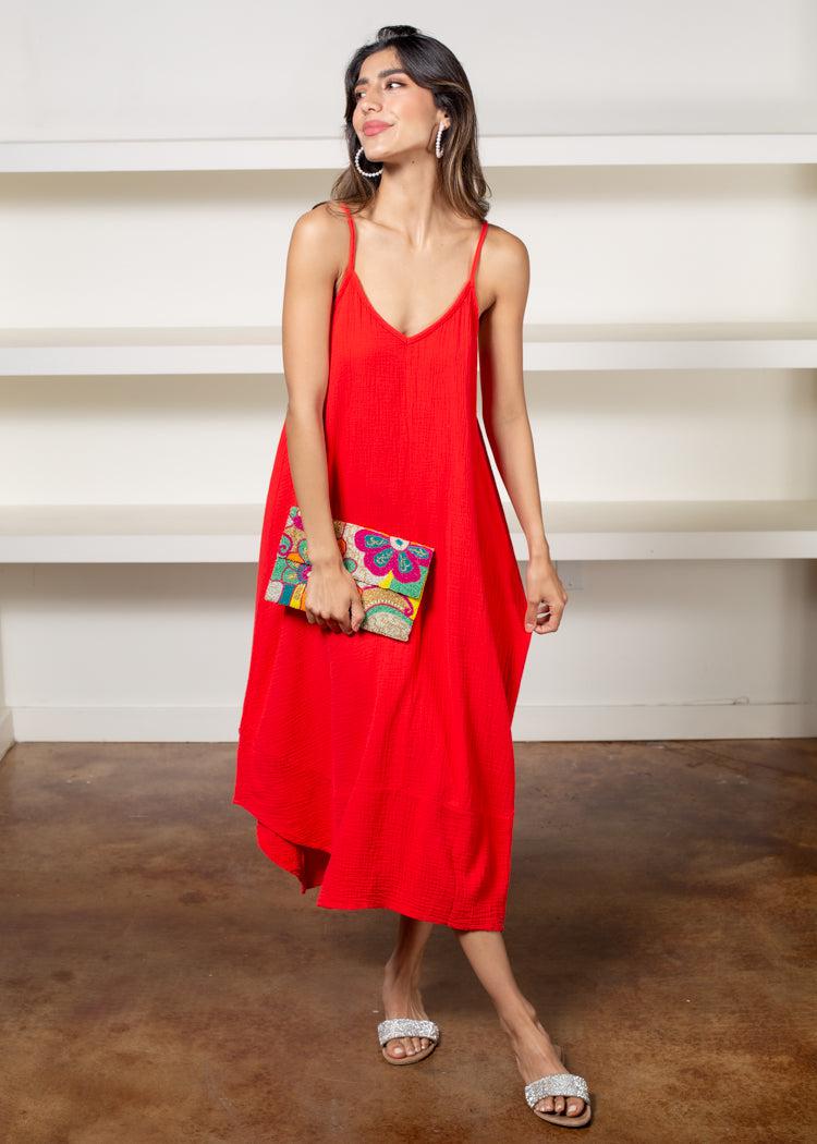 Bobi Spaghetti Strap Handkerchief Maxi Dress- Lipstick-Hand In Pocket