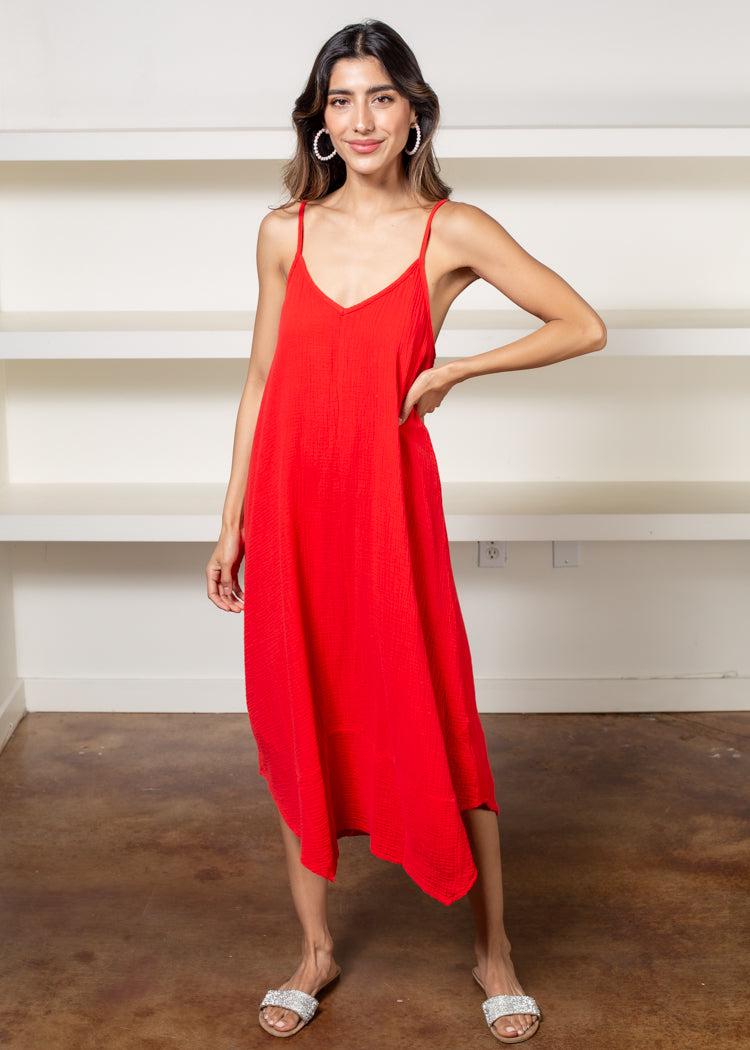 Bobi Spaghetti Strap Handkerchief Maxi Dress- Lipstick-Hand In Pocket