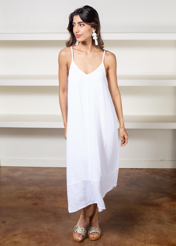 Bobi Spaghetti Strap Handkerchief Maxi Dress- White-***FINAL SALE***-Hand In Pocket