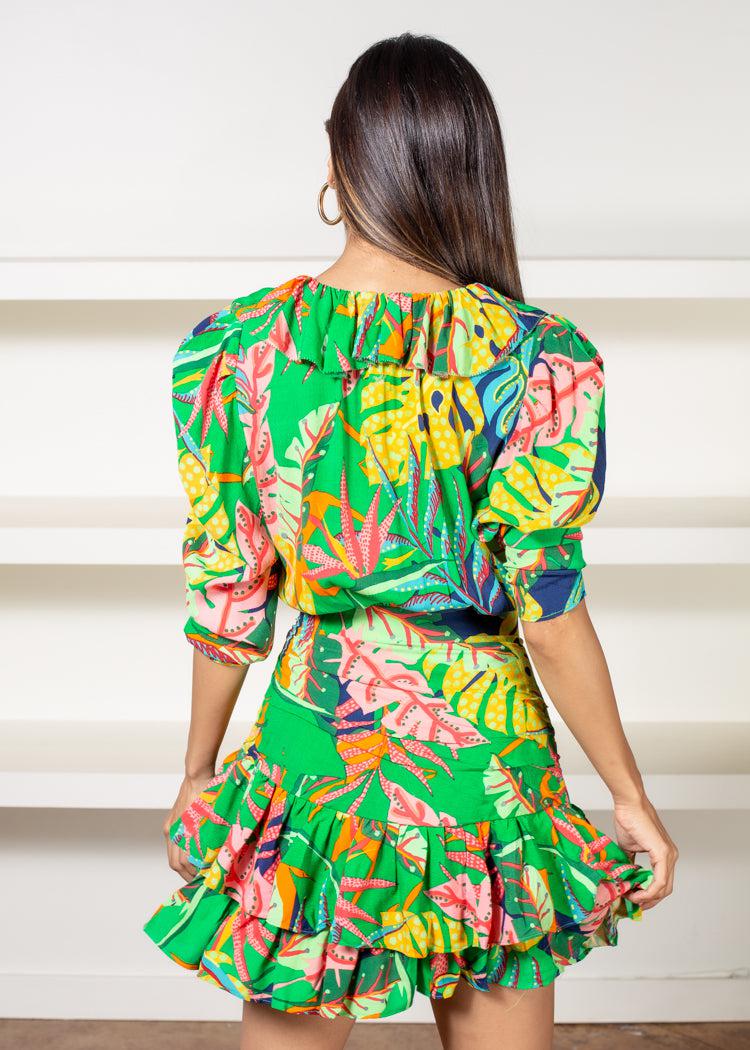 Karlie Tropical V-Neck Ruffle Ruffle Dress-***FINAL SALE***-Hand In Pocket