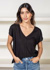 Michael Stars Lizzy V-Neck Center Seam Tee- Black-Hand In Pocket