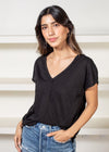 Michael Stars Lizzy V-Neck Center Seam Tee- Black-Hand In Pocket