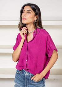 Michael Stars Bailey Button Down Gauze Shirt-Fuschia-Hand In Pocket