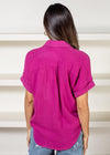 Michael Stars Bailey Button Down Gauze Shirt-Fuschia-Hand In Pocket