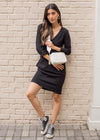 Bobi V Neck Tab Sleeve Shirt Dress-Black-Hand In Pocket