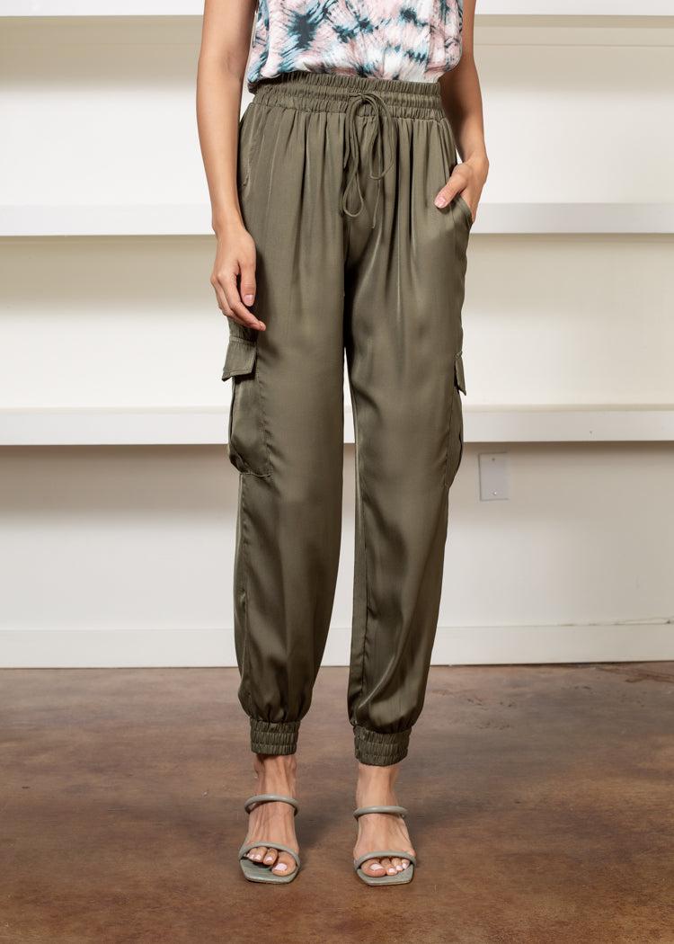 Sienna Silky Joggers - Olive-Hand In Pocket