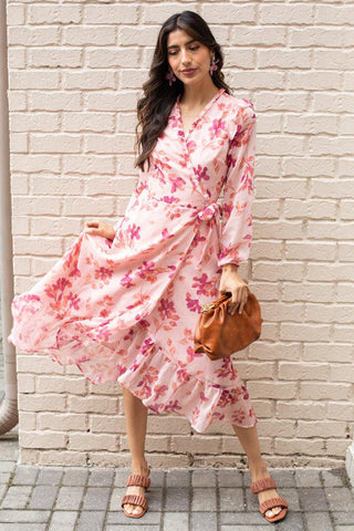 Adelyn Rae Katia Ruffle Wrap Midi Dress Hand In Pocket