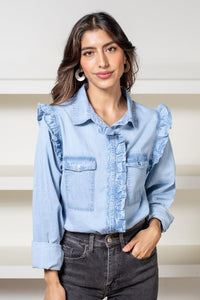 Elan Rya Button Down Ruffle Front Denim Blouse-Hand In Pocket