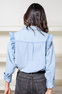 Elan Rya Button Down Ruffle Front Denim Blouse-Hand In Pocket