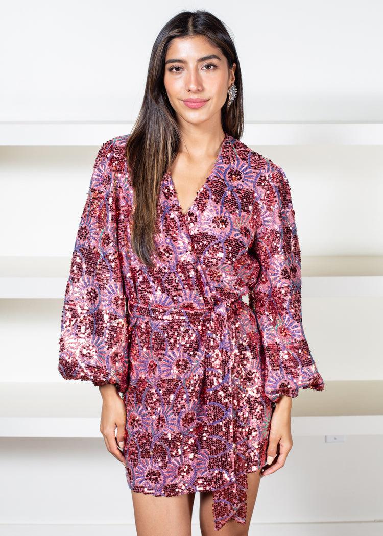 Adelina Sequin Wrap Dress- Strawberry-Hand In Pocket