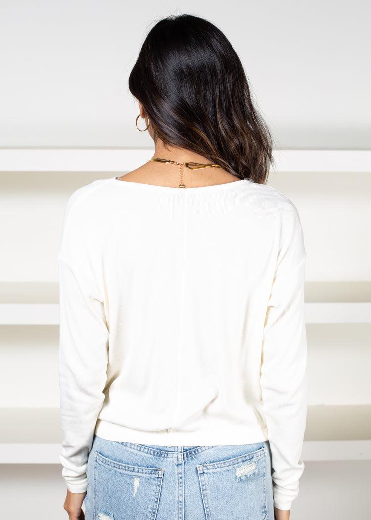 Bobi Long Sleeve Favorite Cowl Neck Top-Creme-Hand In Pocket