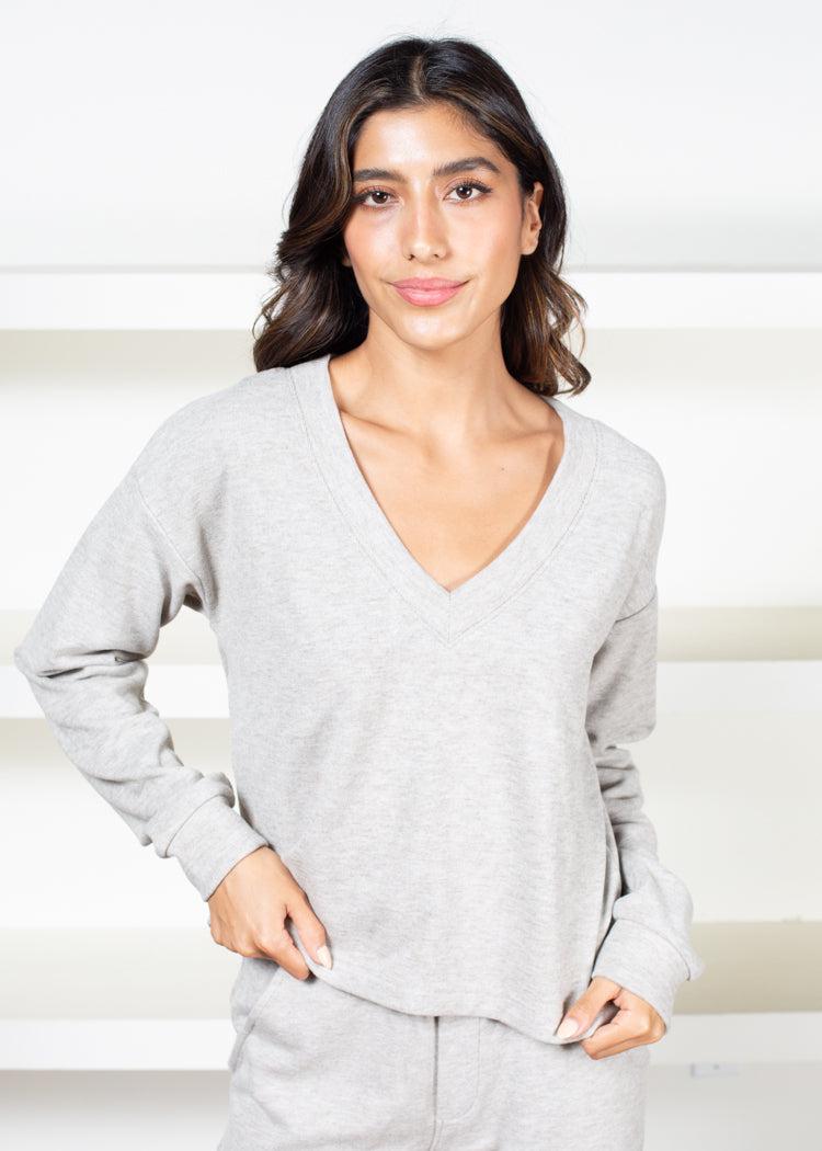 Bobi Cropped V-Neck Sweatshirt-Hand In Pocket