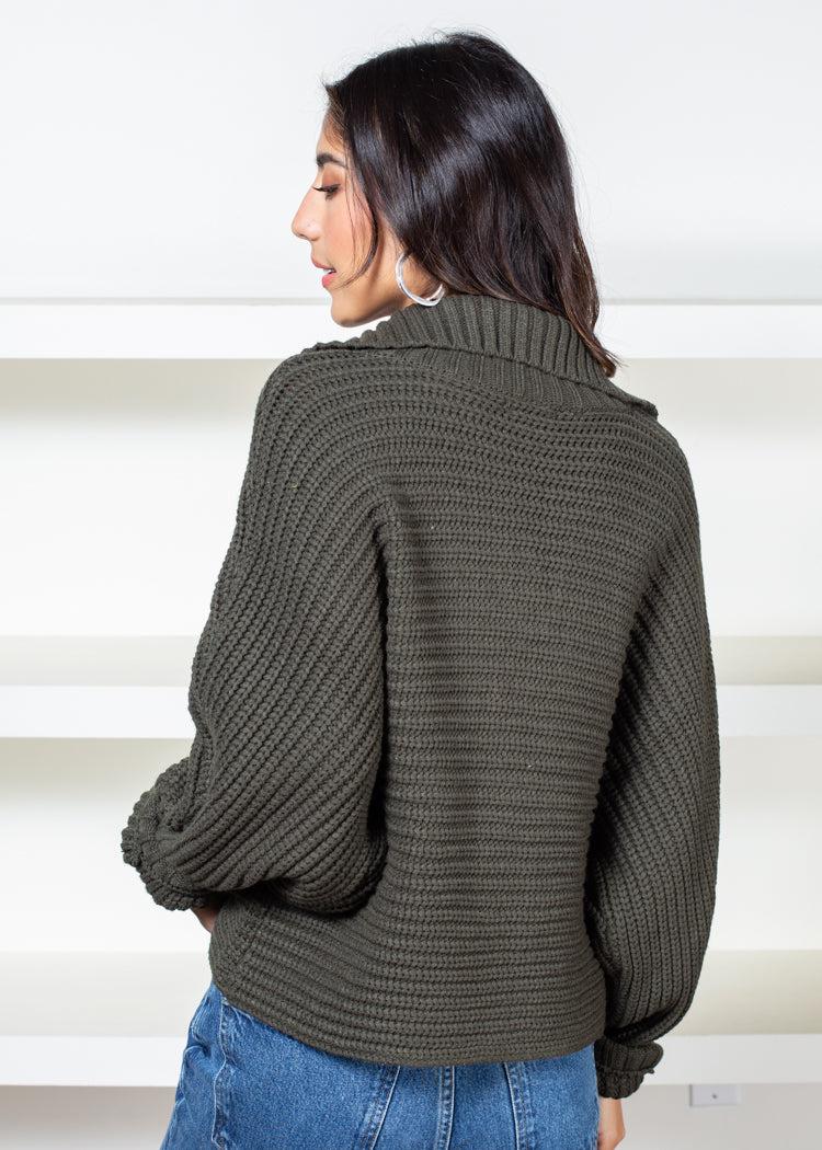 Vitoria Fisherman Collared Sweater-Olive-Hand In Pocket