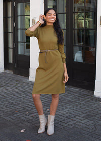 Reims Long Sleeve Puff Shoulder Knit Dress-Olive -***FINAL SALE***-Hand In Pocket