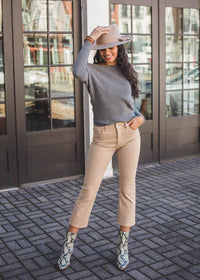 Joes Jeans The Callie High Rise Cropped Bootcut - Coated Latte-Hand In Pocket