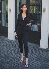 Bobi Long Sleeve Surplice Jumpsuit -Black-Hand In Pocket