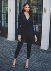 Bobi Long Sleeve Surplice Jumpsuit -Black-Hand In Pocket