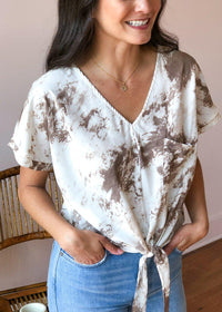 Cristina Tie-Dye Tie Front Blouse with Pocket - Mocha-Hand In Pocket