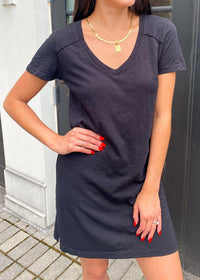 Bobi V Neck Cotton T-Shirt Dress - Black-Hand In Pocket