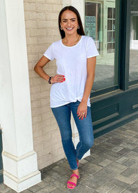 Bobi Short Sleeve "Tuck" Front Twist Front Tee-White-Hand In Pocket