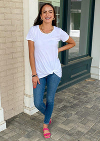 Bobi Short Sleeve "Tuck" Front Twist Front Tee-White-Hand In Pocket