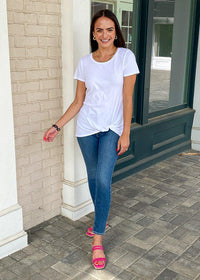 Bobi Short Sleeve "Tuck" Front Twist Front Tee-White-Hand In Pocket