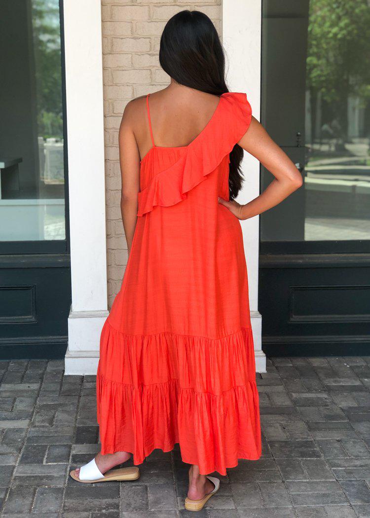 THML Celia One Shoulder Ruffle Maxi Dress-Coral-Hand In Pocket