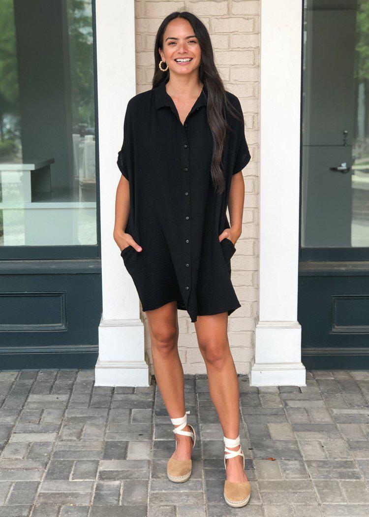 Stark X Button Front Shirtdress-Black-Hand In Pocket