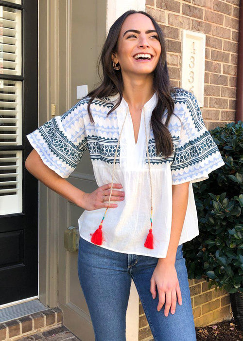 THML Elena Embroidered Tassel Top - Cream-Hand In Pocket